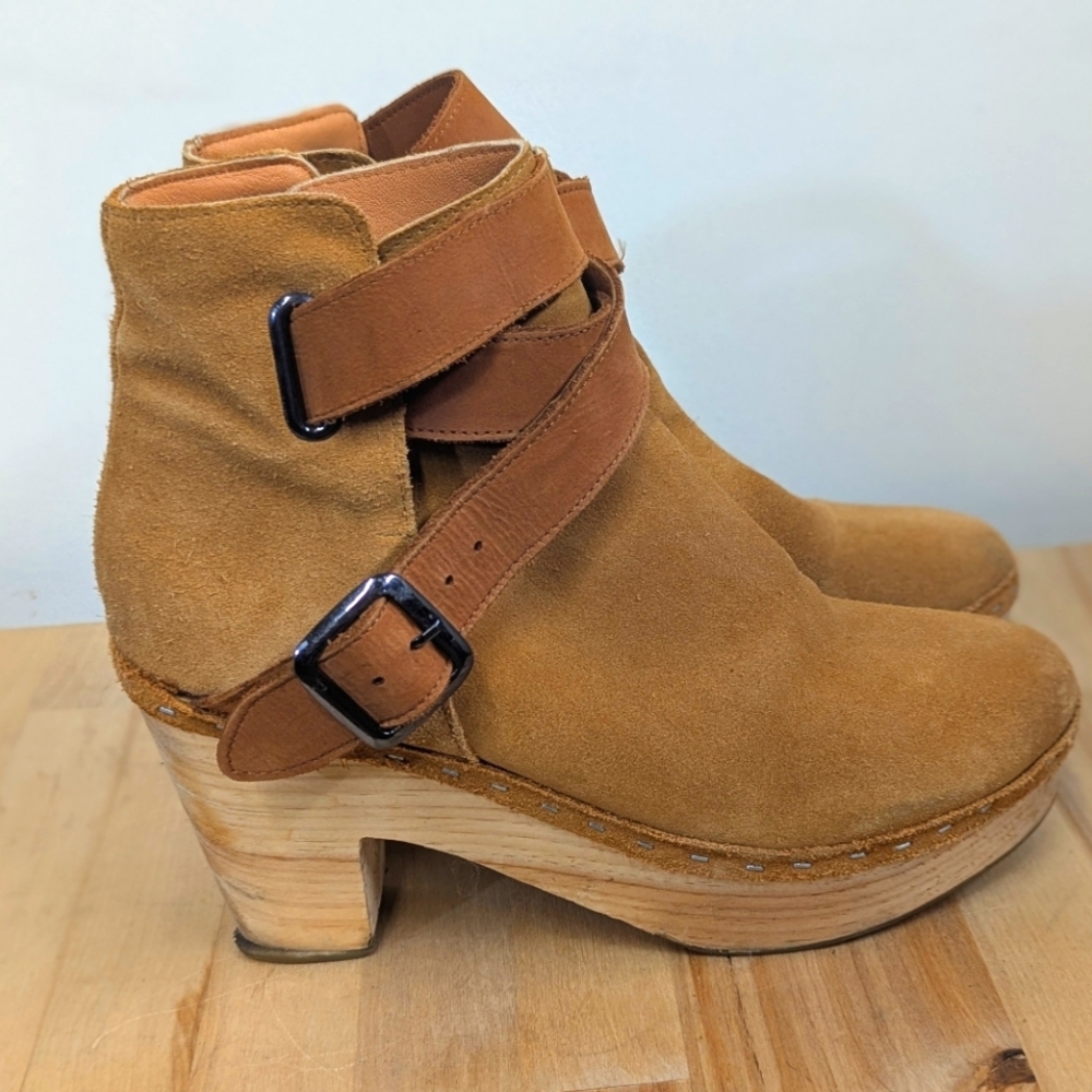 Free People Suede Ankle Boots with Straps Wood Platform Clog 38 8 Bungalow Sand